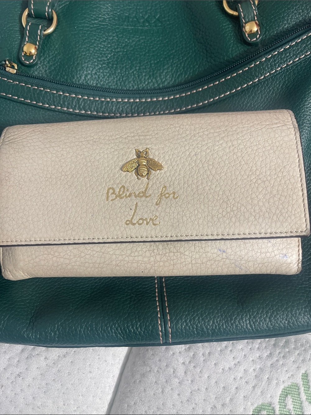 Gucci Beige Leather Wallet with Gold Bee Detail. “Blind for Love”